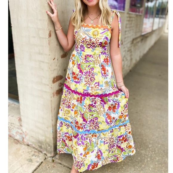 Fate Dresses & Skirts - Fate Floral Tie Shoulder Ric Rac Trim Tiered Cotton Maxi Dress Small Multi Color